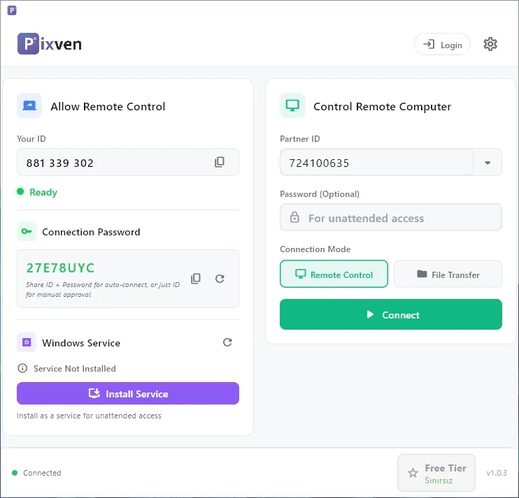 PixvenDesk uzak masaüstü uygulaması: bağlantı kimliği ve parola ekranı
