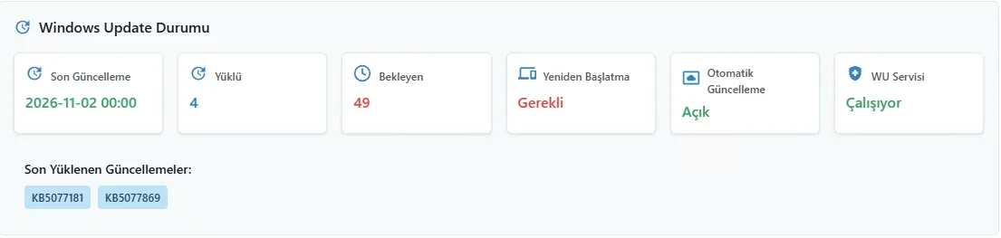 Windows Update durumu: yüklü ve bekleyen güncellemeler, yeniden başlatma gereksinimi