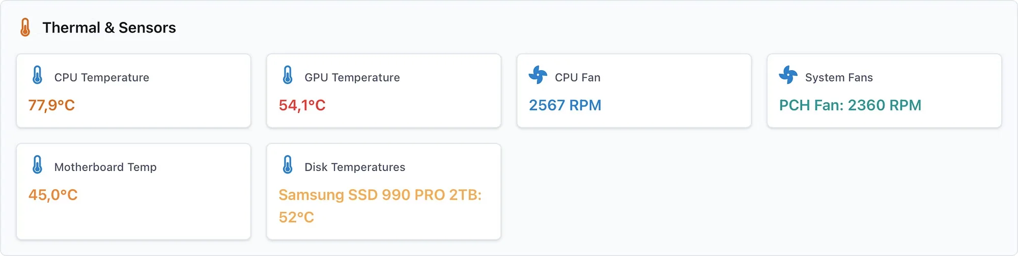 Isıl sensörler: CPU, GPU, anakart ve disk sıcaklıkları ile fan hızları